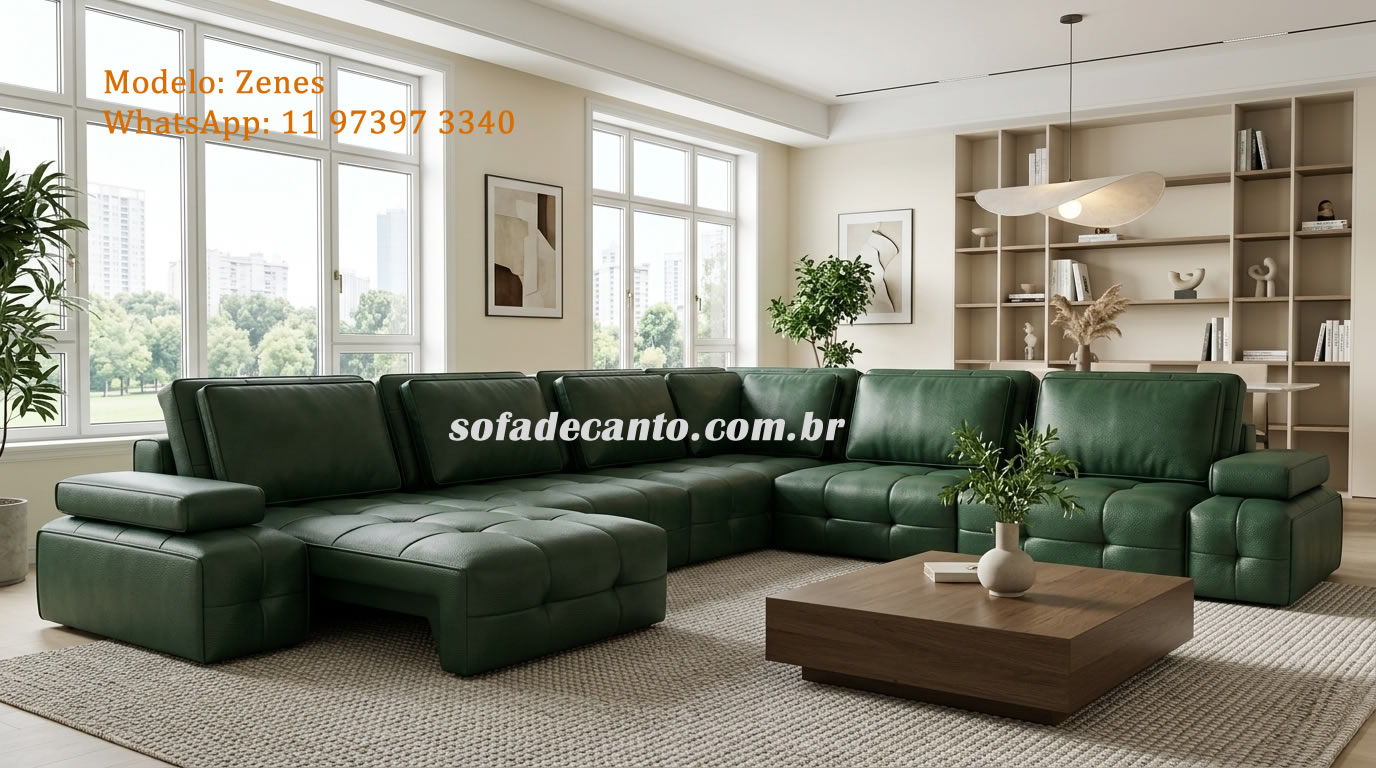 Sofá em U de couro verde para sala ampla